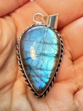 Labradorite Pendant Blue Flash Teardrop Natural Gemstone Handmade Artisan OOAK